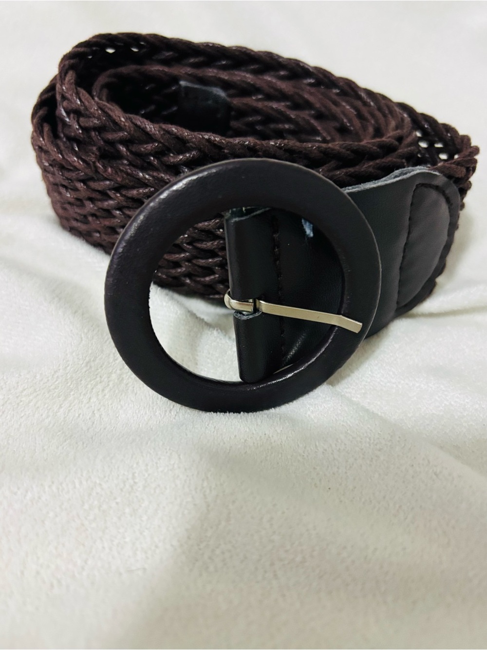 Braided Round-Buckle Waist Belt in Dark Brown